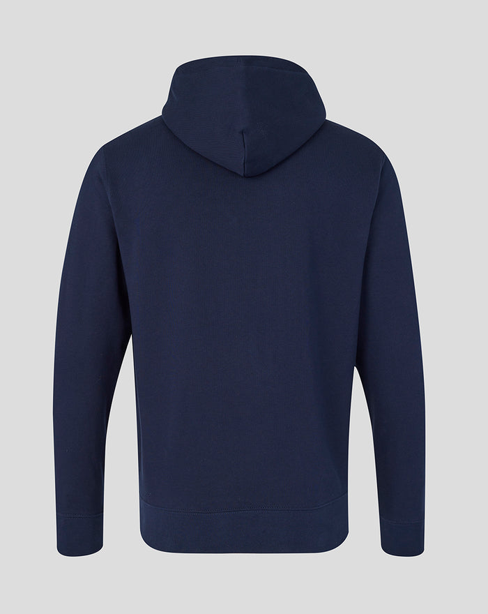 Back view of the navy hoodie with hood up and a plain back