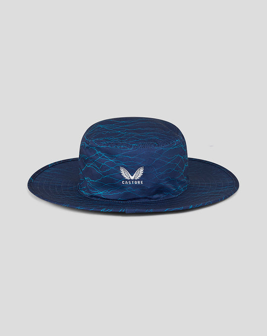 Peacoat wide brim hat with blue marbled pattern and white Castore wing emblem on the front