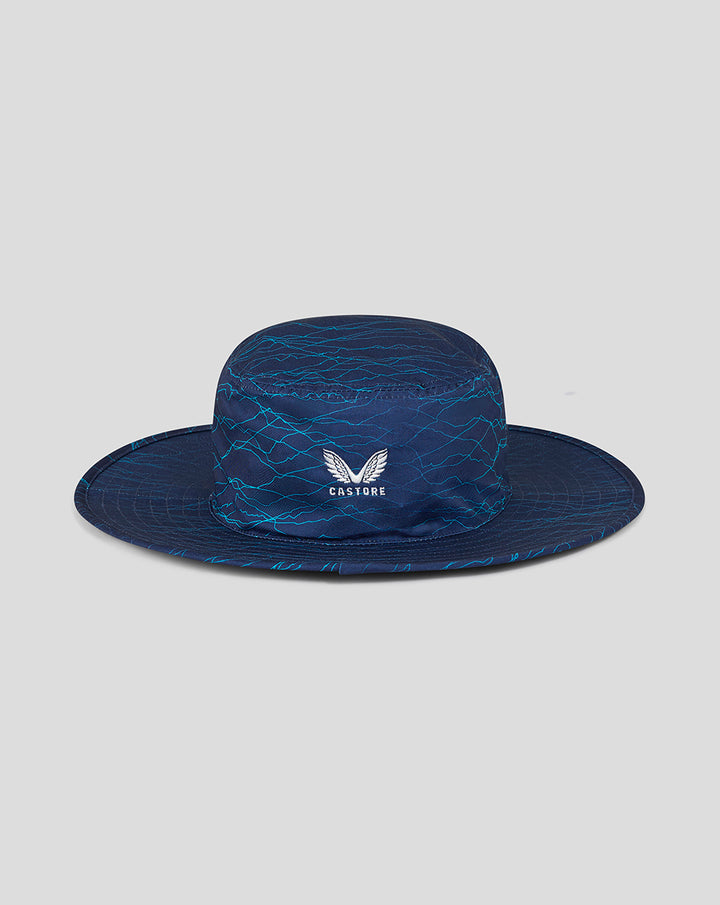 Peacoat wide brim hat with blue marbled pattern and white Castore wing emblem on the front