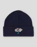 Navy Yorkshire Beanie with folded cuff and white embroidered flower on the front